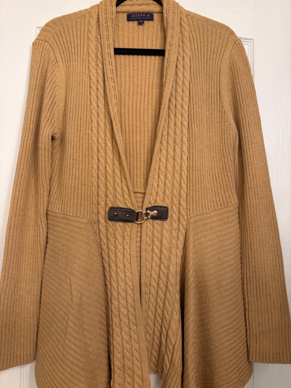 Joseph A. Camel Shawl-Collar Wool-Blend Cardigan with Leather Tab.
